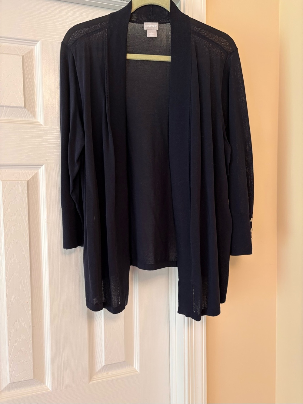 Chico's Navy Open-Front Lightweight Cardigan with 3/4 Sleeves